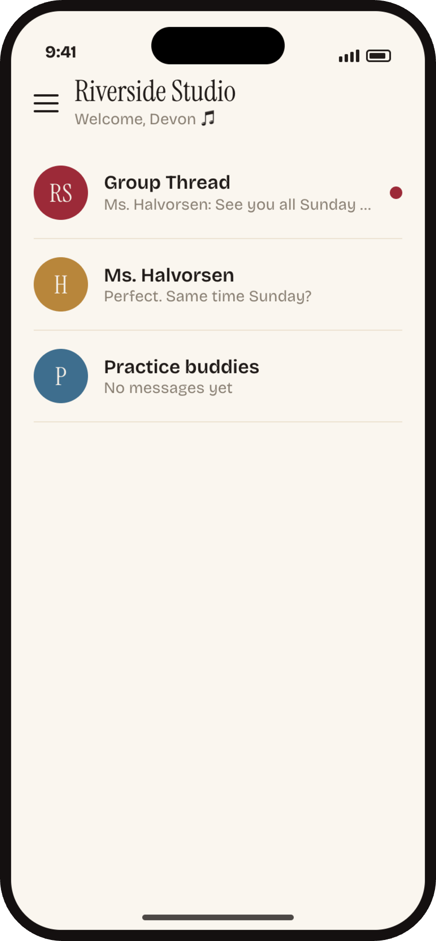 The TempoTutor home screen showing a studio's group and direct message threads.